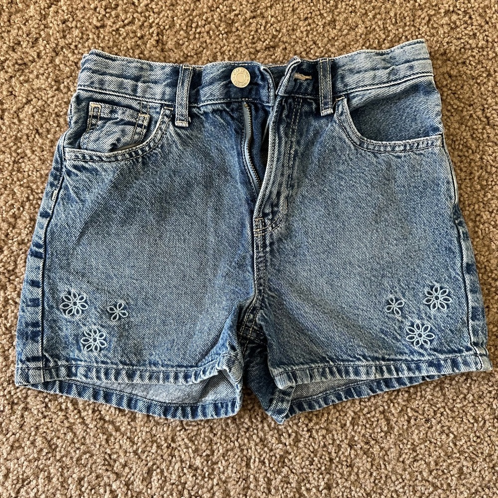 Blue Denim Girls Shorts with Floral Embroidery